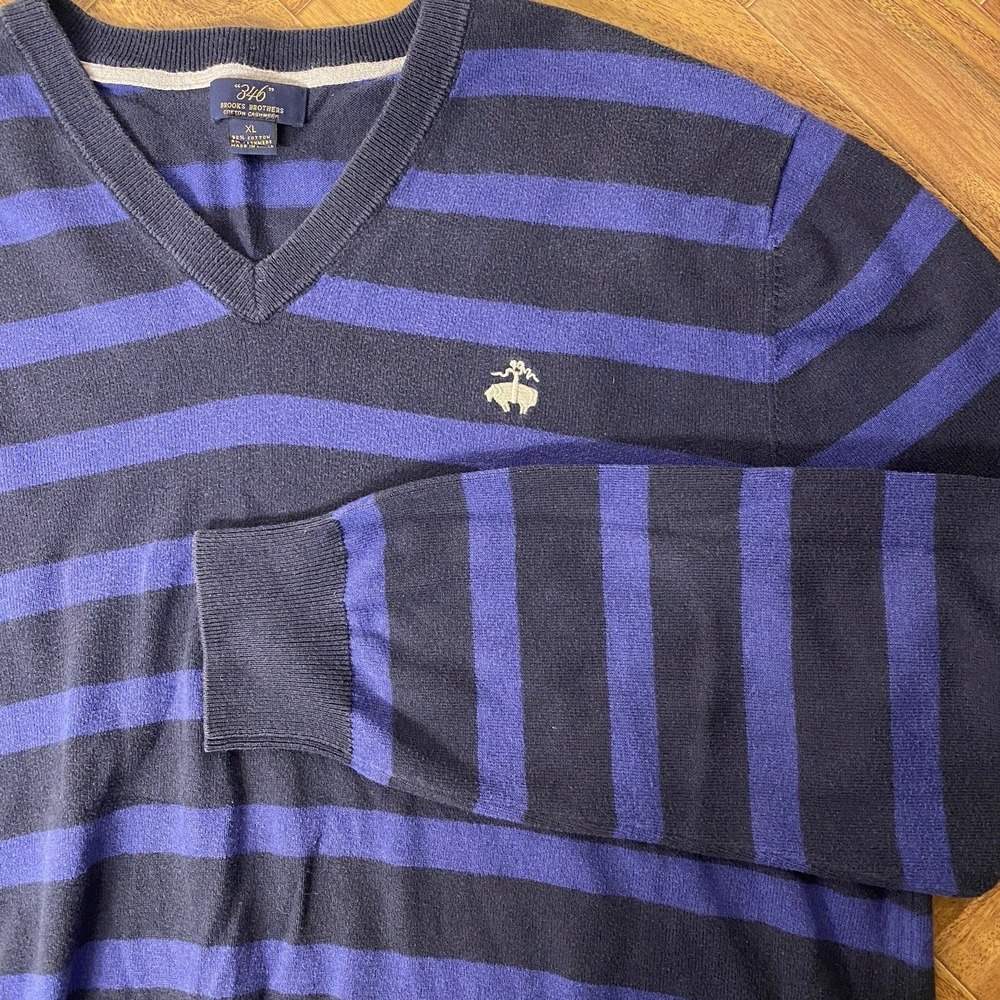 Brooks Brothers Sweater Mens XL Blue Striped V Neck Cotton Cashmere Pullover